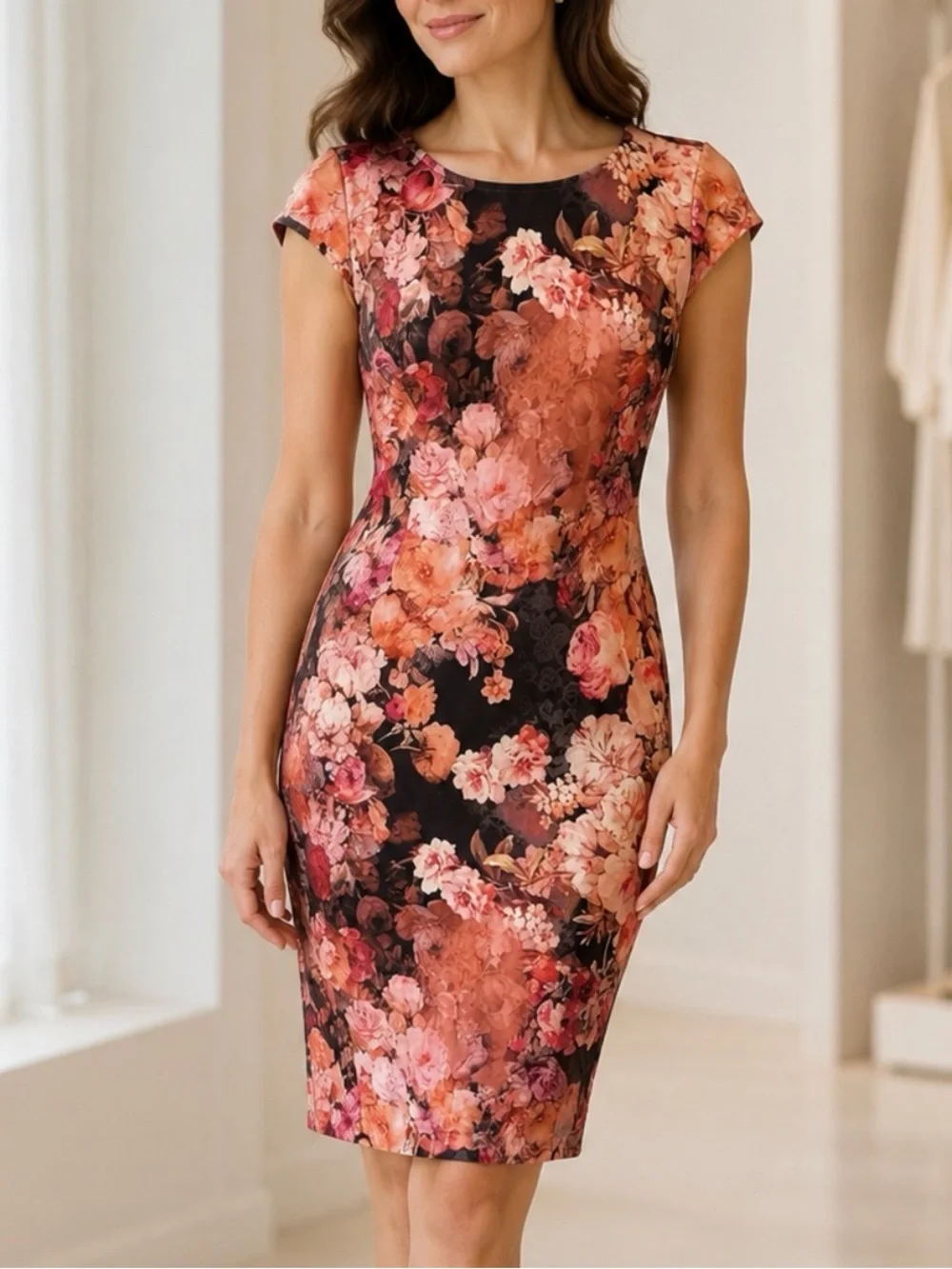Pink Orange Sheath Midi Dress Cap Sleeves Floral Print Cocktail NWT M Sexy Chic